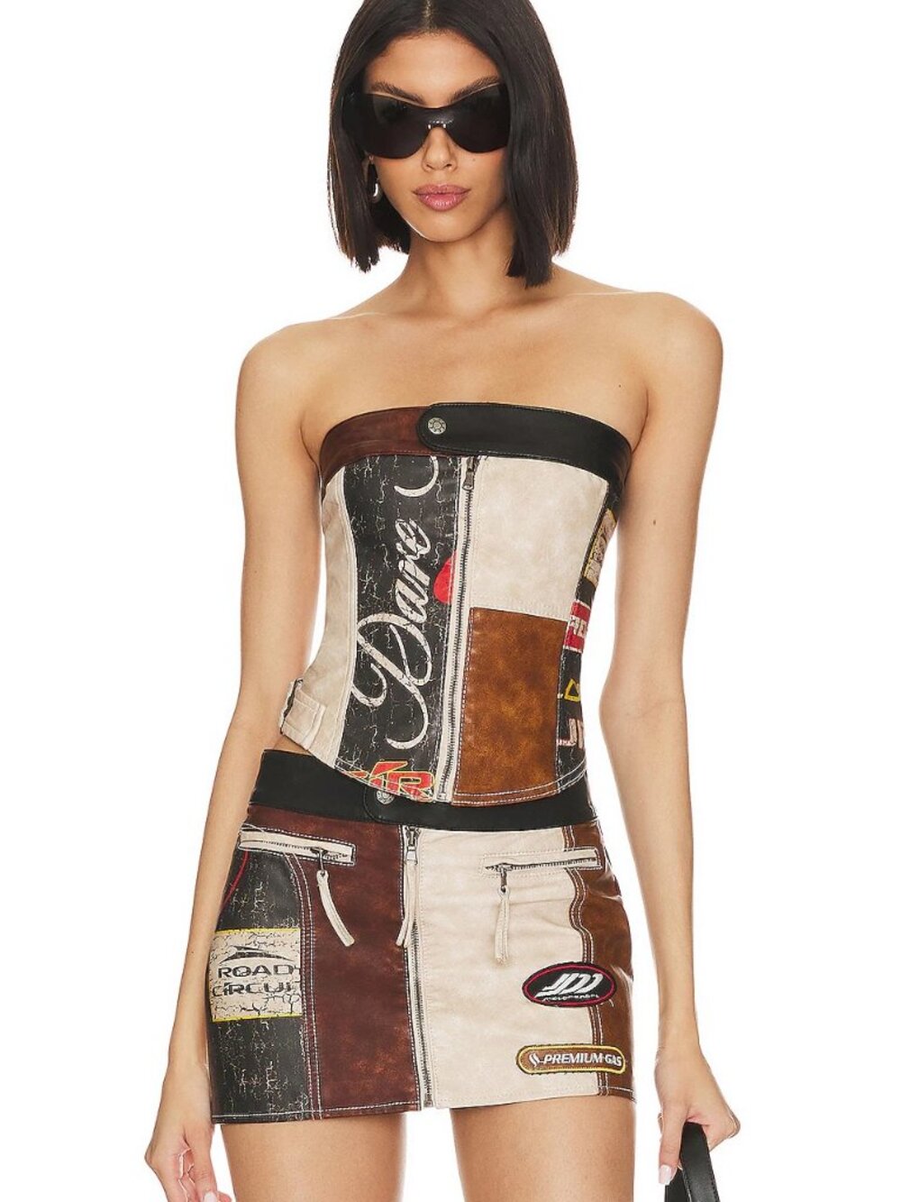 Jaded London Daytona Faux Leather Corset Top in Brown & Cream - Size 8
